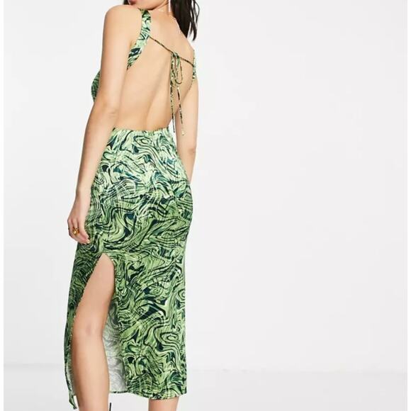 Topshop Psychedelic Satin Slip Midi Sleeveless Open Back Side Slit Womens Dress - Picture 6 of 15